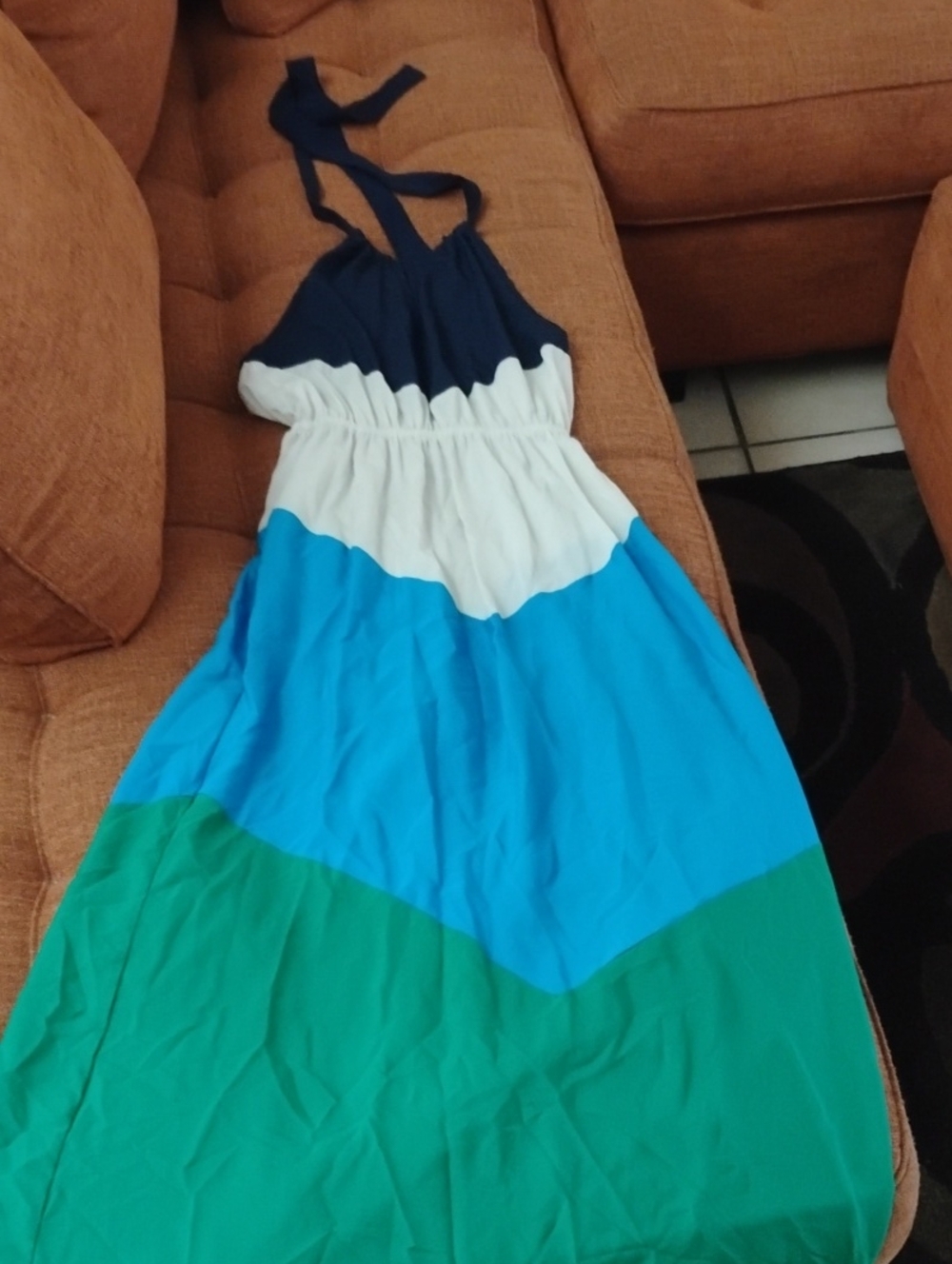 Women Colorblock Halter Maxi Dress - Blue, White, Green